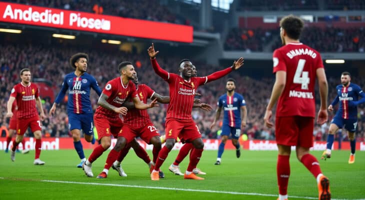 suivez en direct le match palpitant entre liverpool et le psg, où ousmane dembélé ouvre le score. les reds mettent tout en œuvre pour égaliser dans une rencontre pleine d'intensité et de rebondissements !