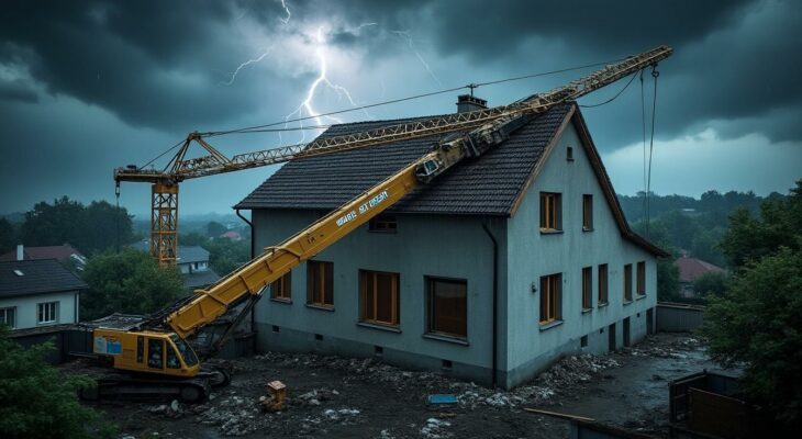 une tornade frappe violemment le val-d'oise, causant un mort et quatre blessés graves. découvrez les images de la destruction : grues effondrées, toitures arrachées et zones sinistrées.