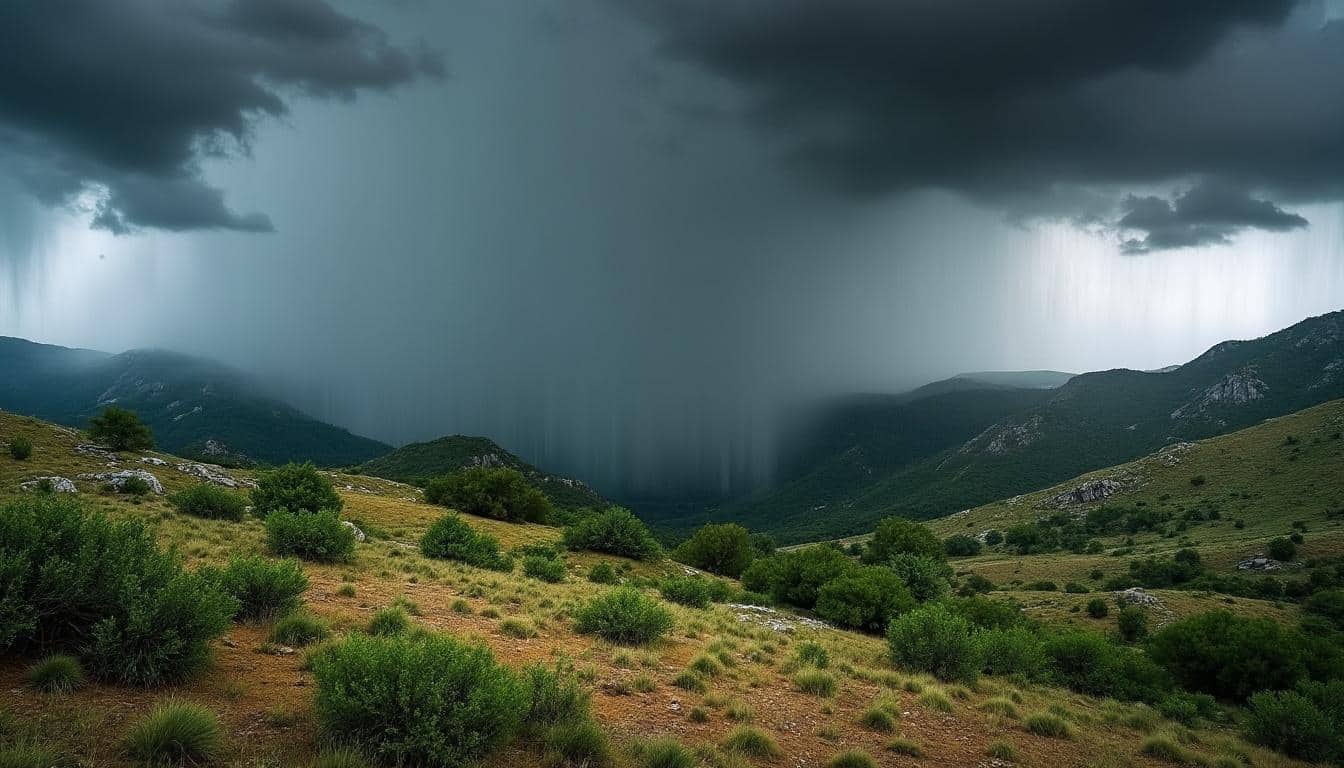 alerte météo pour la drôme et l'ardèche : fortes pluies intenses de 30 à 40 mm/heure prévues dimanche, avec un risque élevé d'inondations. restez vigilant et prenez les précautions nécessaires.