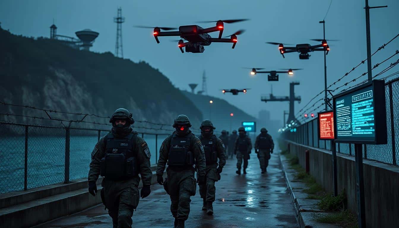 les fusiliers marins réagissent rapidement aux survols non autorisés de drones au-dessus de la base nucléaire de l'île longue en effectuant des tirs antidrones pour garantir la sécurité.