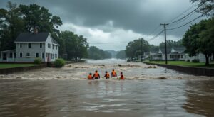 une digue cède à aiguillon lors d'une crue majeure, entraînant l'évacuation de 600 habitants alors que les eaux montantes inondent progressivement la région.