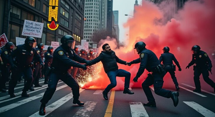 un homme a été interpellé à new york pour avoir lancé des engins explosifs lors d'une manifestation, suscitant inquiétude et enquête policière.