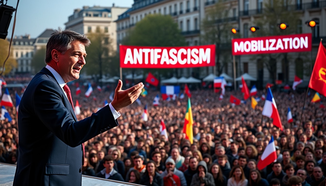 lors d'un meeting, jean-luc mélenchon affirme que l'antifascisme est un mythe mobilisateur essentiel pour la france insoumise (lfi), soulignant son rôle central dans leur engagement politique.